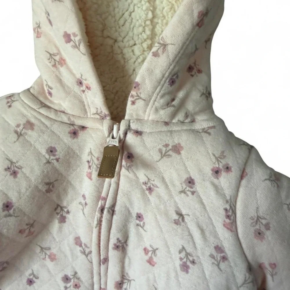 Carter's pink floral snowsuit with hood and fleece lining. Size: newborn 0 m